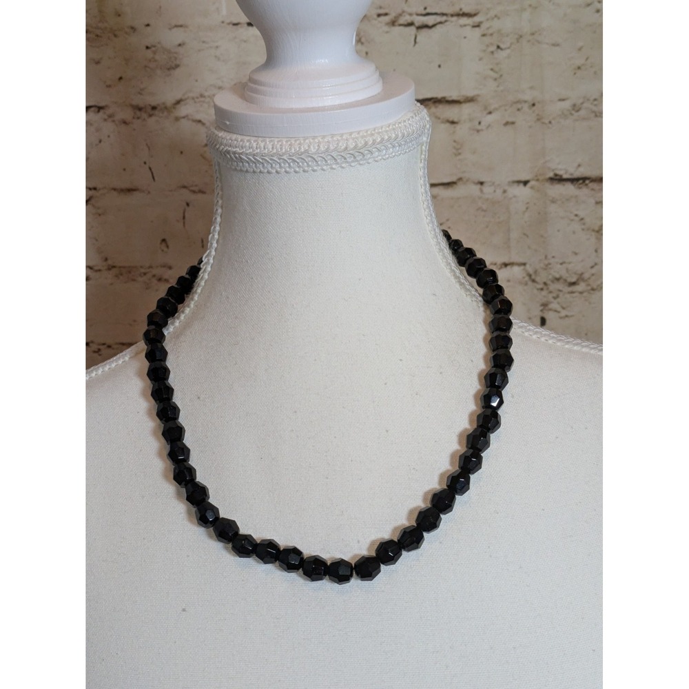 Vintage Beaded Necklace With Faceted Black Beads French Jet MCM Costume 20"